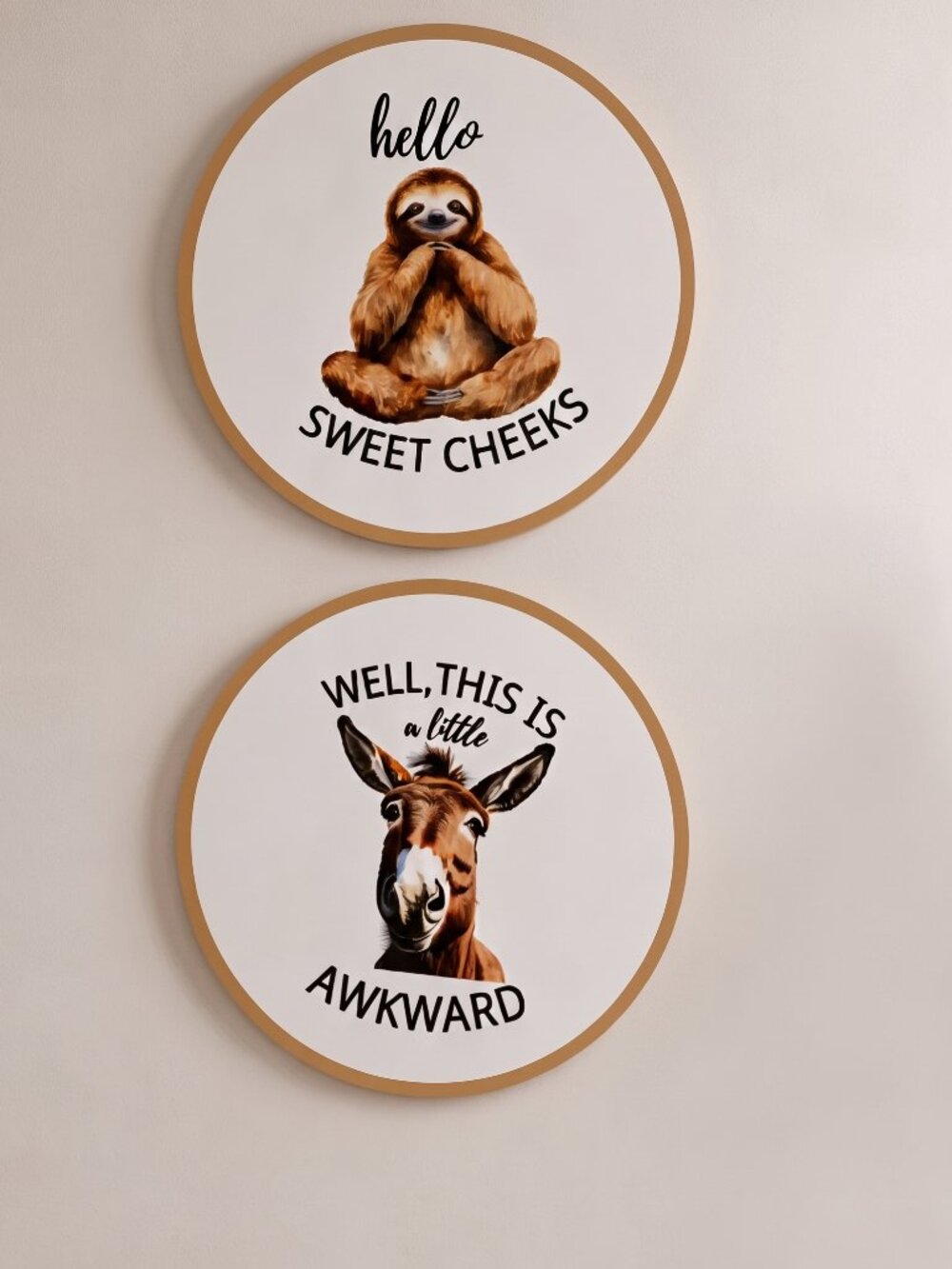 Funny Bathroom Wall Decor Set of 2 Sloth & Donkey Signs 7.75" Round